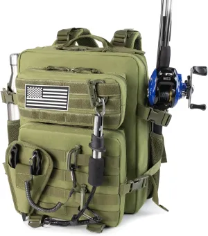 Small Tactical Fishing Tackle Backpack with Removable Plier Holder & Rod Holders Storage Fishing Gear and Equipment Tackle Bag 25l Lightweight Hiking Backpack Green without Tackle Boxes