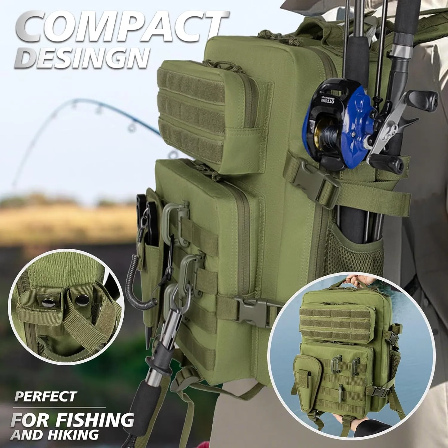 Small Tactical Fishing Tackle Backpack with Removable Plier Holder & Rod Holders Storage Fishing Gear and Equipment Tackle Bag 25l Lightweight Hiking Backpack Green without Tackle Boxes