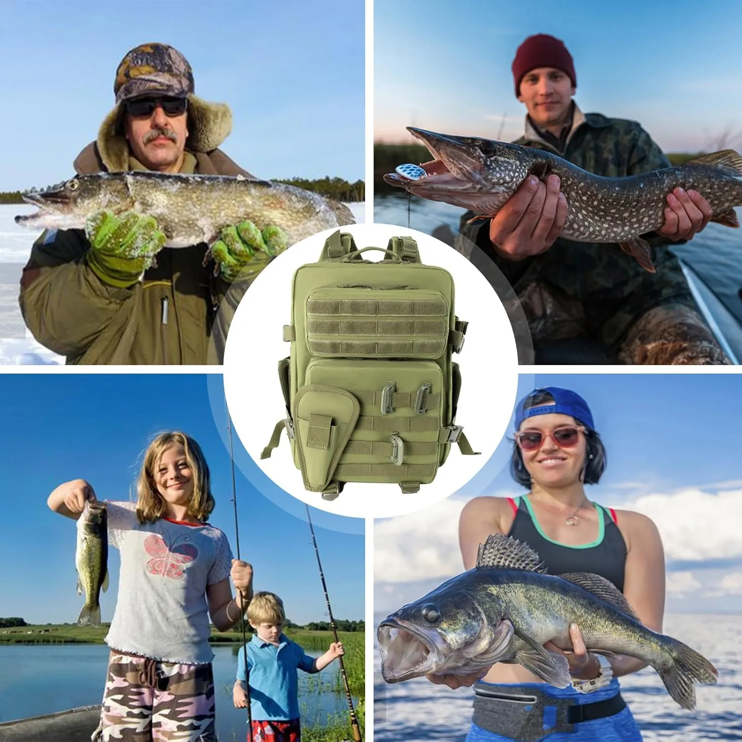 Small Tactical Fishing Tackle Backpack with Removable Plier Holder & Rod Holders Storage Fishing Gear and Equipment Tackle Bag 25l Lightweight Hiking Backpack Green without Tackle Boxes