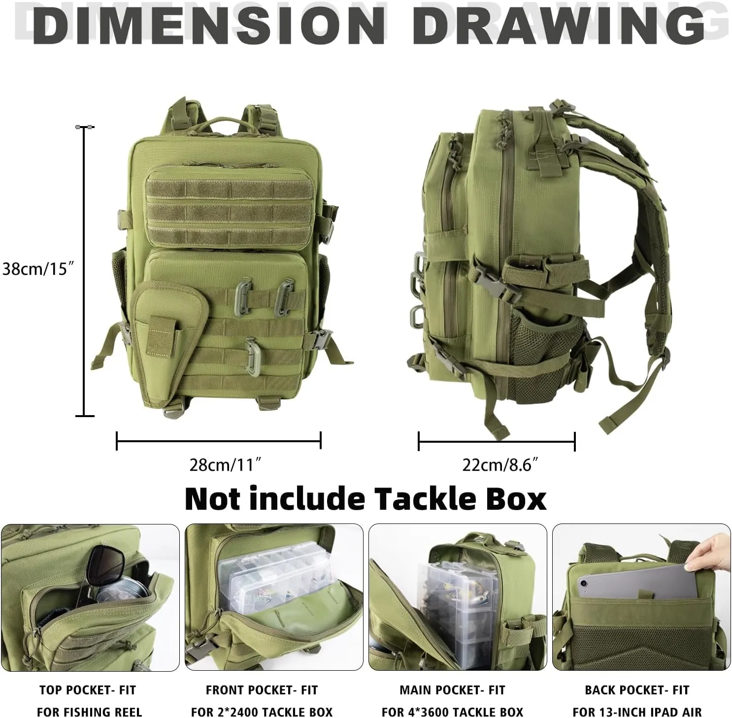 Small Tactical Fishing Tackle Backpack with Removable Plier Holder & Rod Holders Storage Fishing Gear and Equipment Tackle Bag 25l Lightweight Hiking Backpack Green without Tackle Boxes