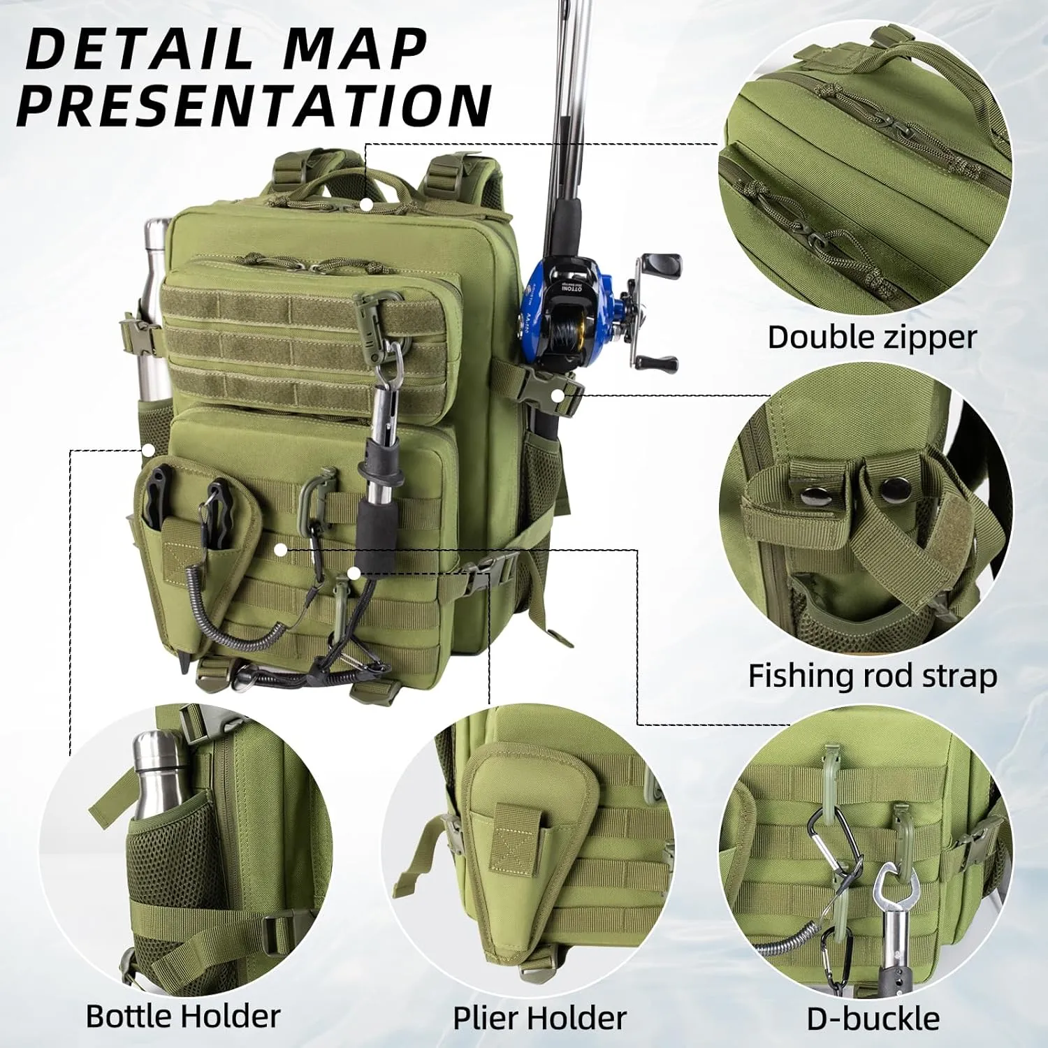 Small Tactical Fishing Tackle Backpack with Removable Plier Holder & Rod Holders Storage Fishing Gear and Equipment Tackle Bag 25l Lightweight Hiking Backpack Green without Tackle Boxes