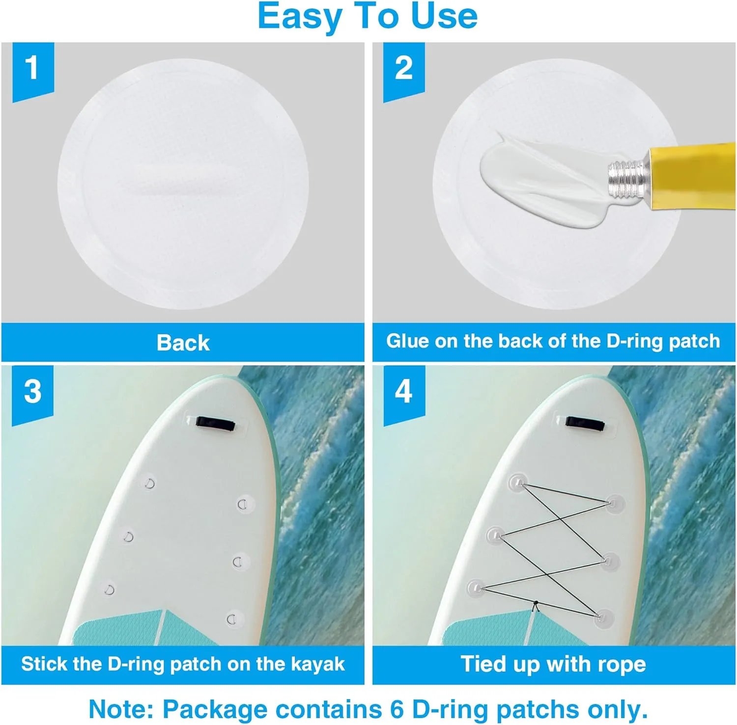 Stainless Steel D-Ring Patch Kit, PVC Paddle Board D-Rings for Kayak, Inflatable Boat, Caneo, SUP, No Glue Included, Water-Proof