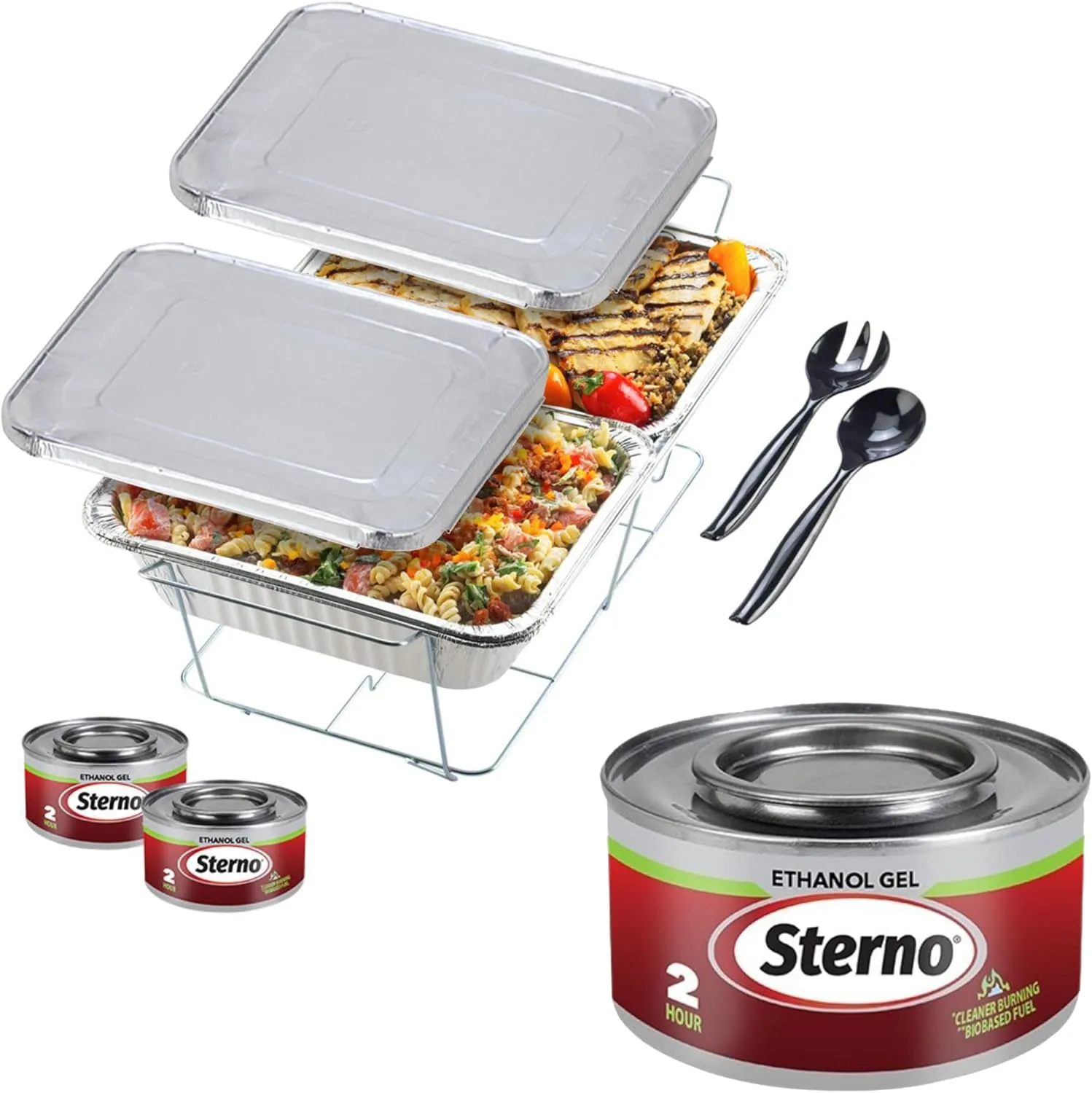 Sterno Chafing Dish Buffet Set with Lids, 2 Ethanol Fuel Cans, 1 Wire Rack with Water Pan & 2 Food Pans, Lids, Serving Utensils included for catering & parties