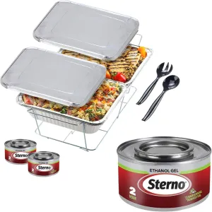 Sterno Chafing Dish Buffet Set with Lids, 2 Ethanol Fuel Cans, 1 Wire Rack with Water Pan & 2 Food Pans, Lids, Serving Utensils included for catering & parties