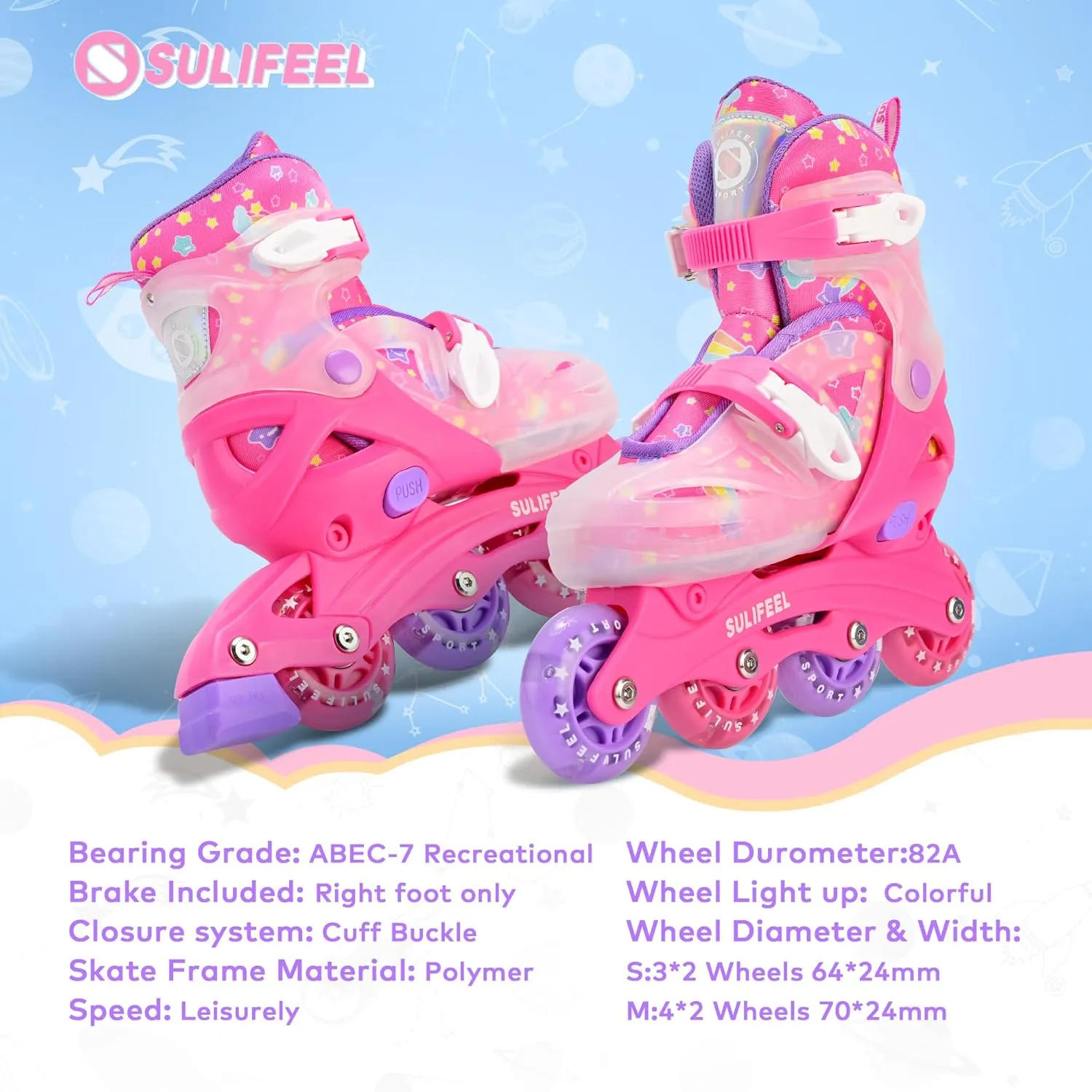 SULIFEEL Inline Skates for Girls Boys Kids Ages 3-10 with Light Up Wheels, Adjustable 4 Sizes for Kids Toddler Youth Beginner Indoor & Outdoor