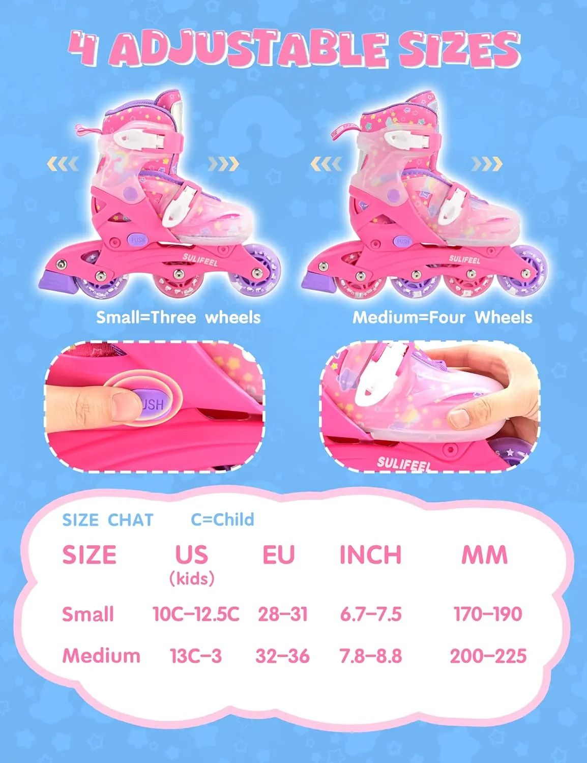 SULIFEEL Inline Skates for Girls Boys Kids Ages 3-10 with Light Up Wheels, Adjustable 4 Sizes for Kids Toddler Youth Beginner Indoor & Outdoor