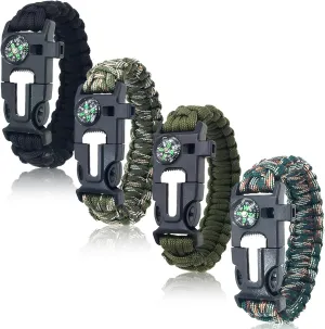 Survival Bracelets 4-Pack |SURVIVAL KIT 5-in-1 Paracord Bracelet Set with Fire Starter, Compass & Whistle | Emergency Outdoor Gear for Camping, Hiking