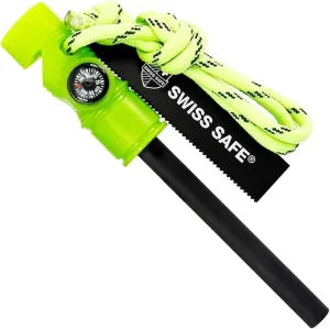 Swiss Safe 5-in-1 Magnesium Ferro Rod Fire Starter Survival Tool - Flint & Steel Striker, Compass, Paracord & Whistle - Emergency Kit for Backpacking, Camping, Hiking - All-Weather