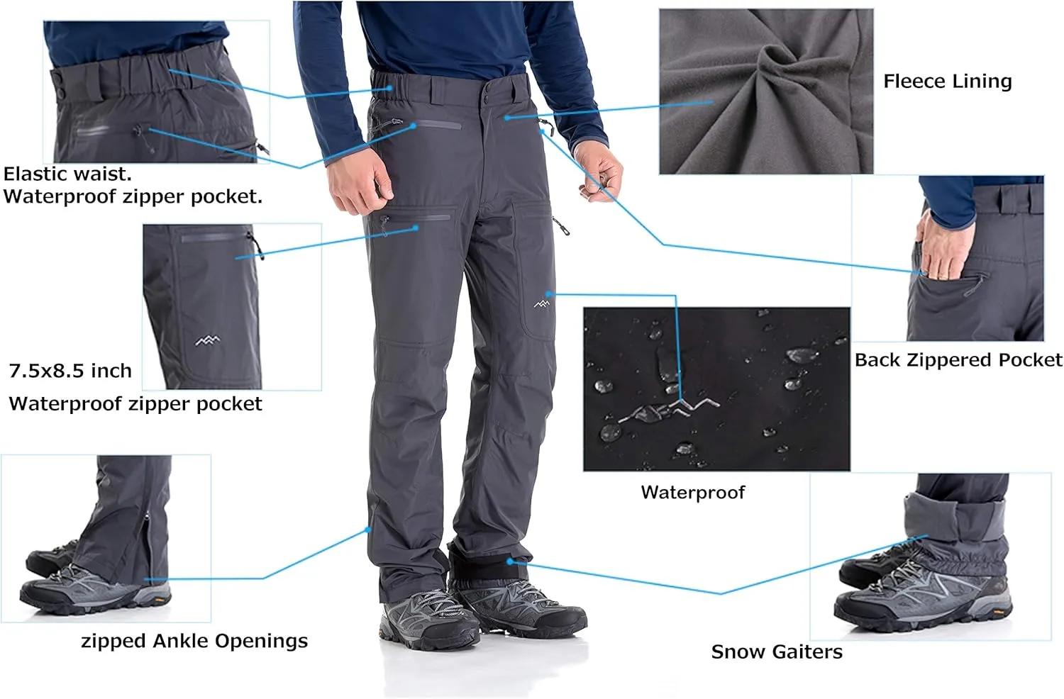 TRAILSIDE SUPPLY CO. Mens-Ski-Snow-Snowboard-Pants, Wind/Waterproof, Insulated