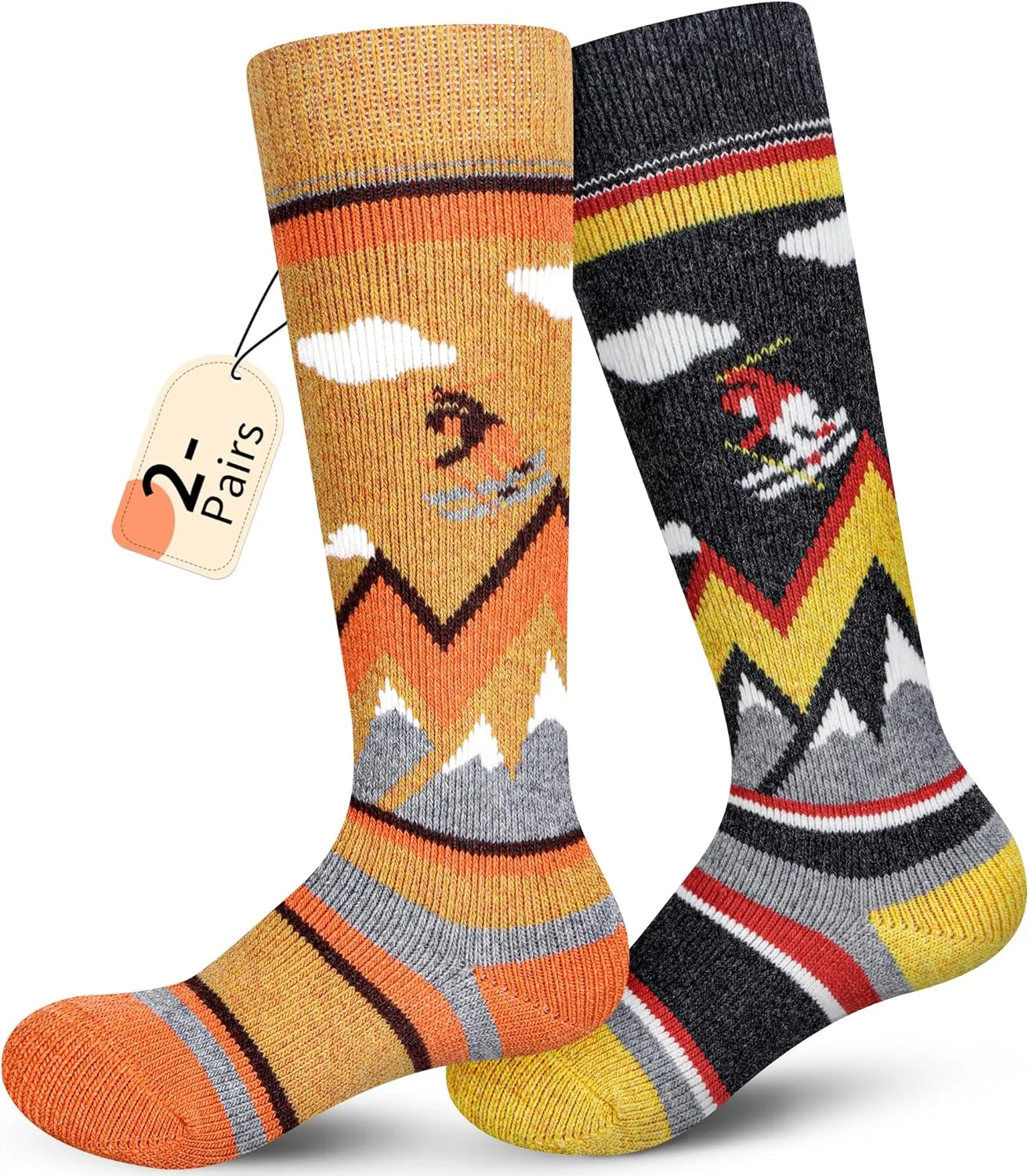 unenow Merino Wool Ski Socks Kids 2 Pairs, Winter Warm Snowboarding Thermal Socks for Boys Girls Toddlers