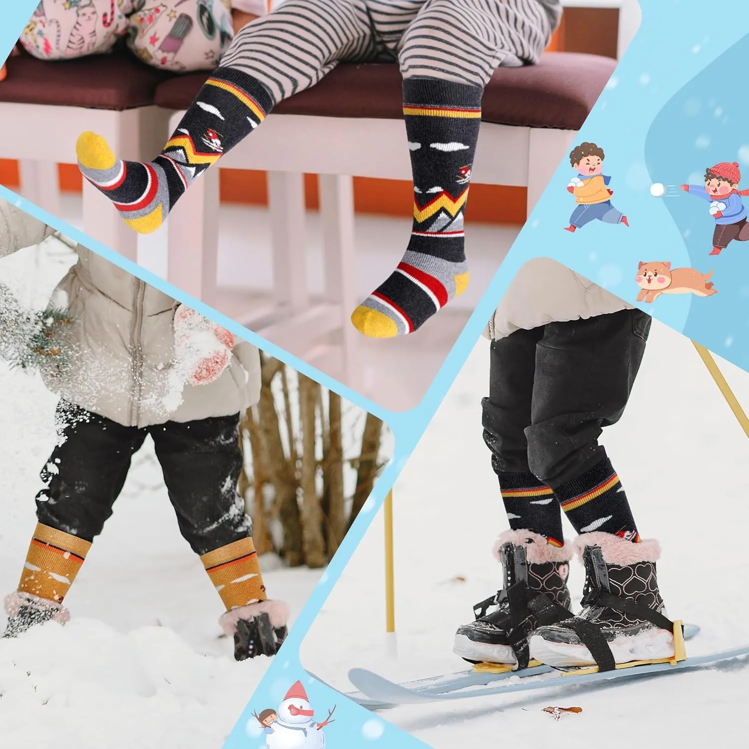 unenow Merino Wool Ski Socks Kids 2 Pairs, Winter Warm Snowboarding Thermal Socks for Boys Girls Toddlers