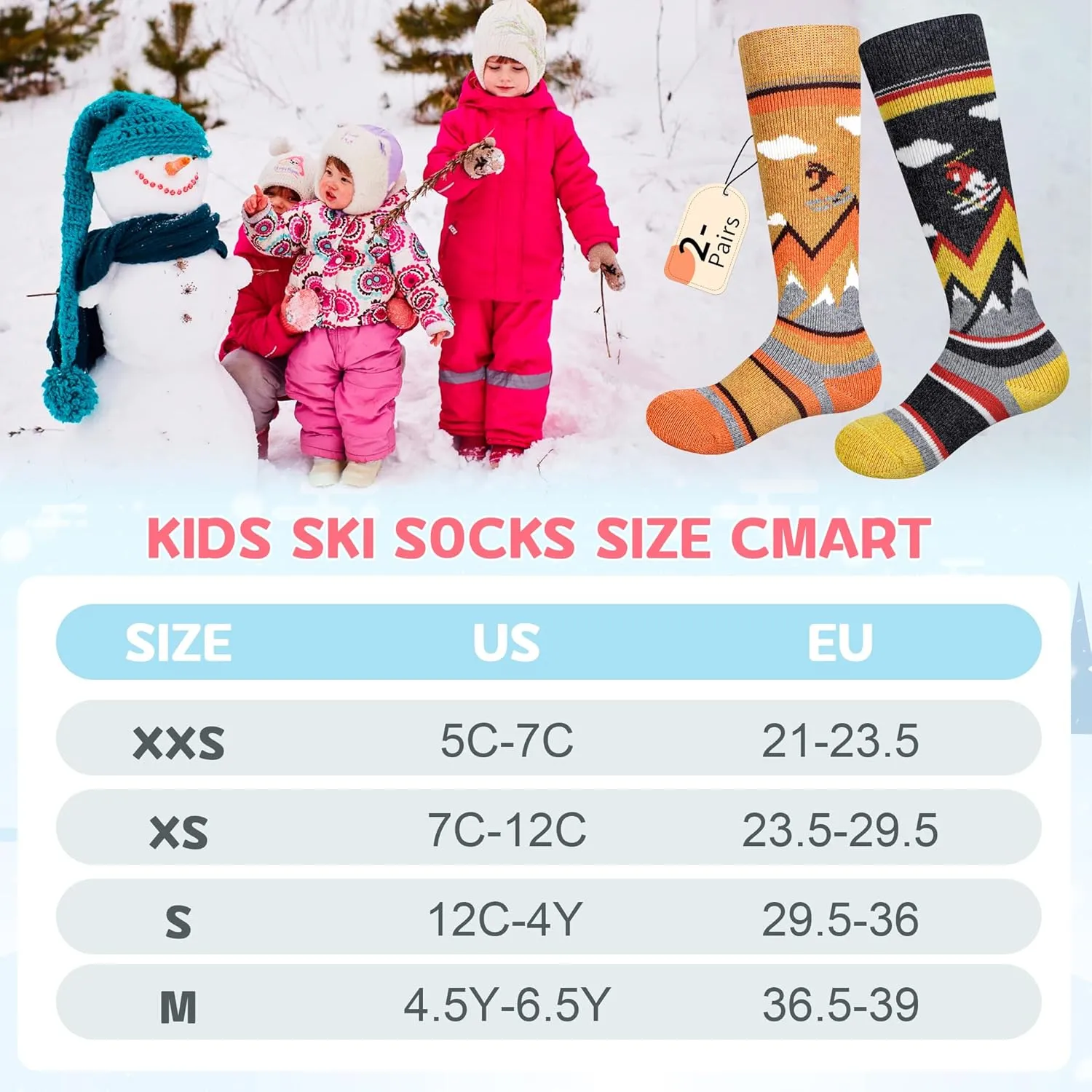 unenow Merino Wool Ski Socks Kids 2 Pairs, Winter Warm Snowboarding Thermal Socks for Boys Girls Toddlers