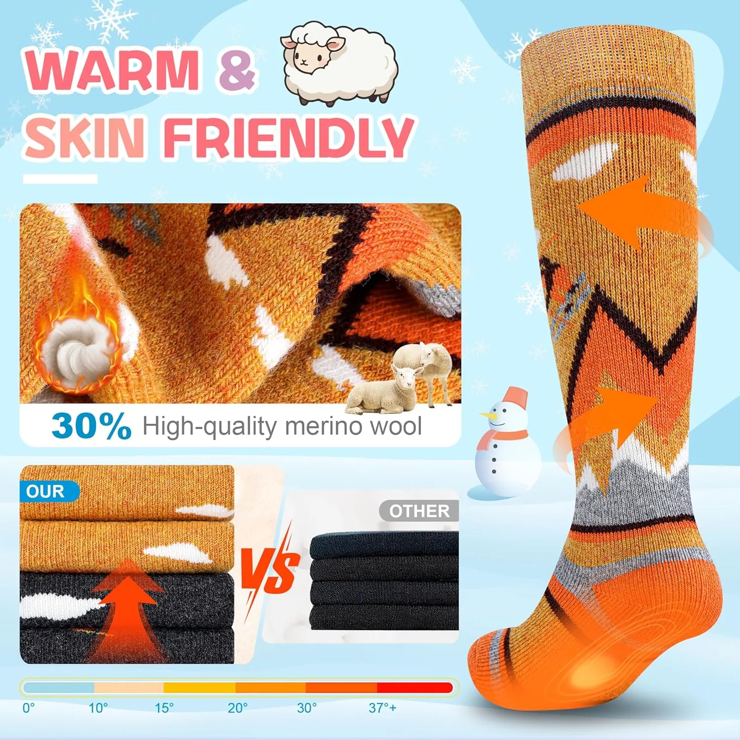 unenow Merino Wool Ski Socks Kids 2 Pairs, Winter Warm Snowboarding Thermal Socks for Boys Girls Toddlers