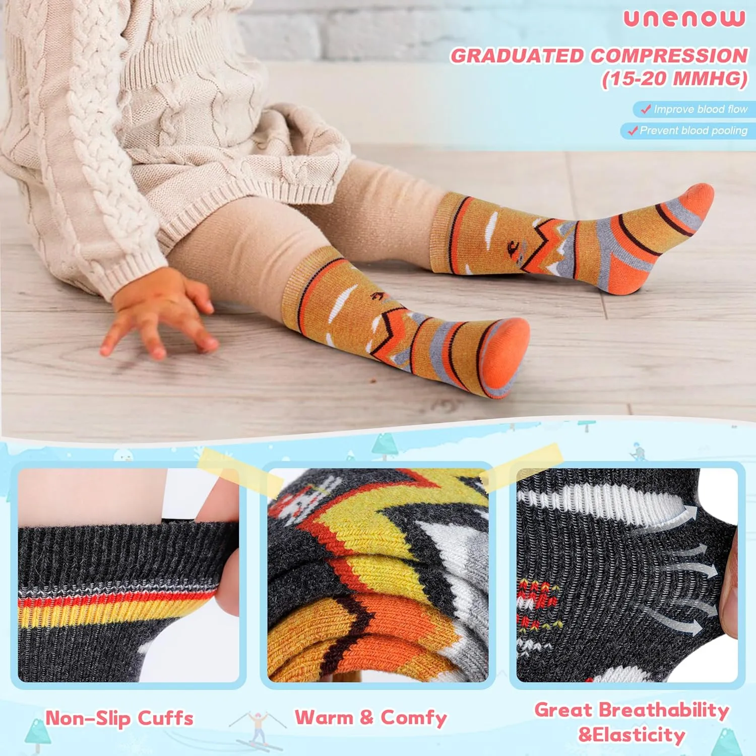 unenow Merino Wool Ski Socks Kids 2 Pairs, Winter Warm Snowboarding Thermal Socks for Boys Girls Toddlers
