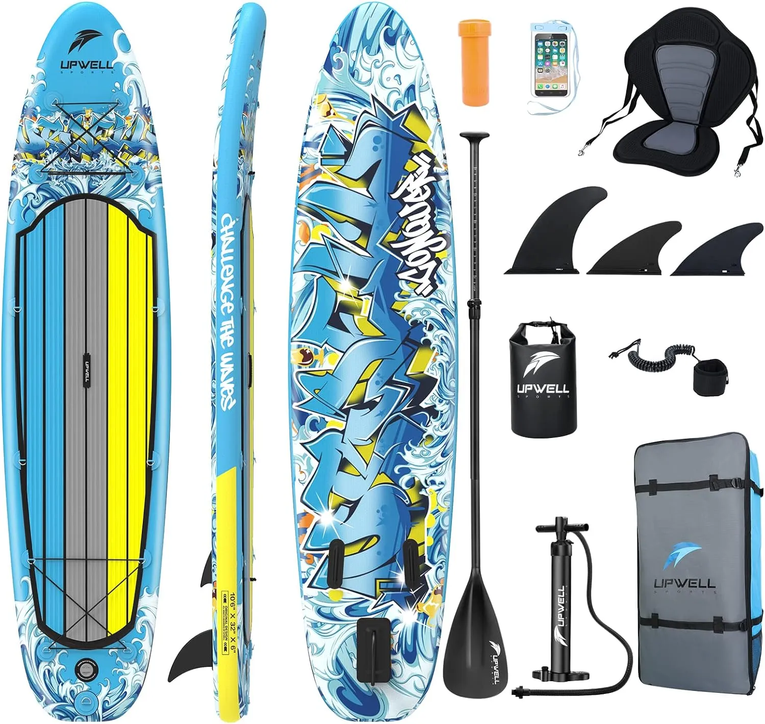 UPWELL 10'6"/11'/11'6" Inflatable Paddle Board, Stand Up Paddle Board for Youth & Adults, Stable Design, Premium SUP Accessories, Backpack, 10L Dry Bag, Paddle, Leash, Hand Pump, Fins