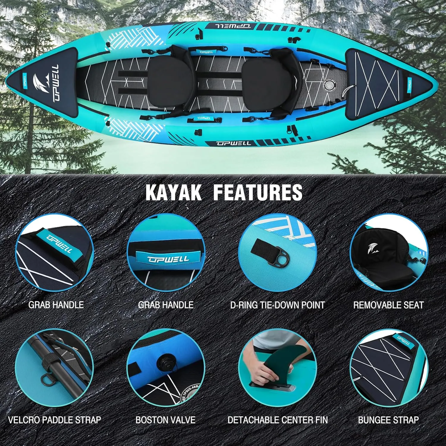 UPWELL 11'/14'6Inflatable Kayak with Drop Stitch Floor and Accessories Including Kayak Seat with Thickened Cushion, Paddle, Fin, Repair Kits, Carry Bag and Hand Pump