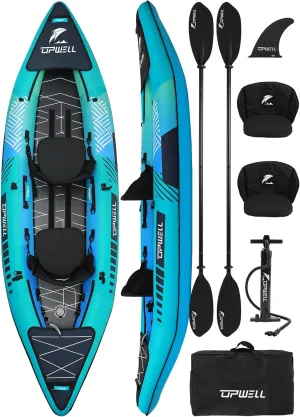 UPWELL 11'/14'6Inflatable Kayak with Drop Stitch Floor and Accessories Including Kayak Seat with Thickened Cushion, Paddle, Fin, Repair Kits, Carry Bag and Hand Pump