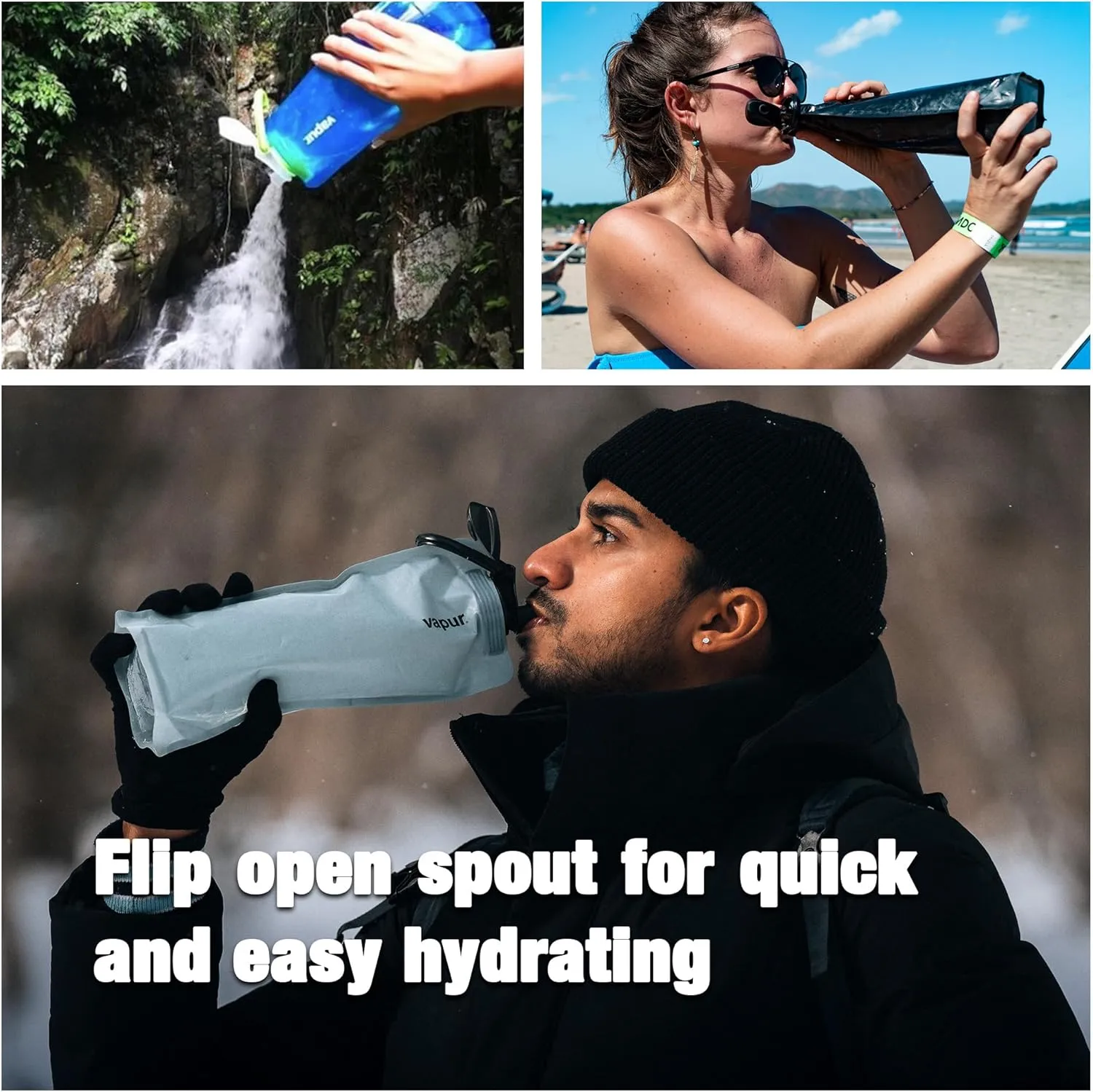 Vapur Flexible, Collapsible Wide Mouth Anti-Bottle with Detachable Carabiner, 34 Ounce, Admiral Blue, Pack of 1