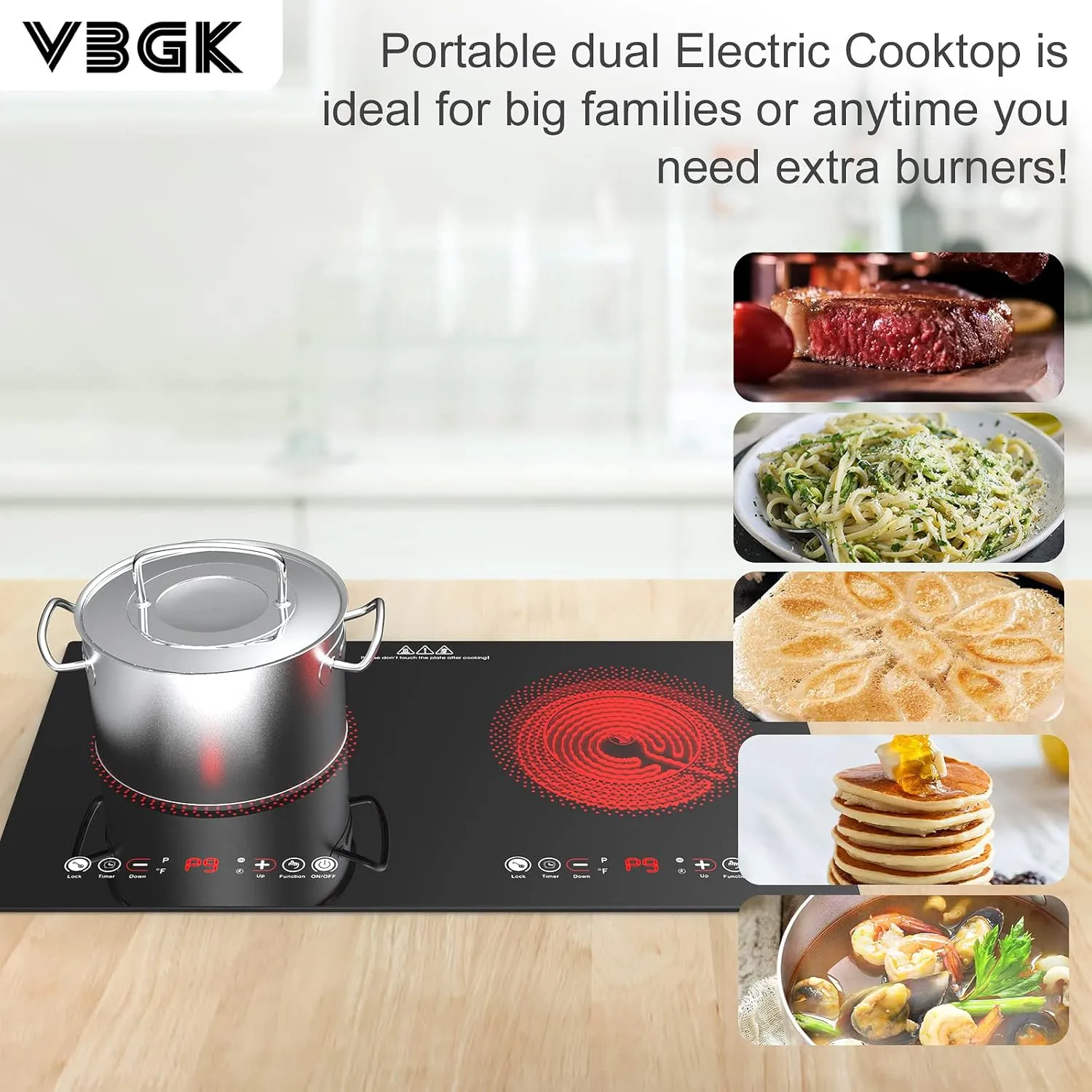 VBGK Electric cooktop,110V 24 inch 2 Burner Electric Cooktop,Built-in and Countertop Stove Top,2200W Stove,9 Power Levels, Kids Lock & Timer,LED touch control,Overheat Protection