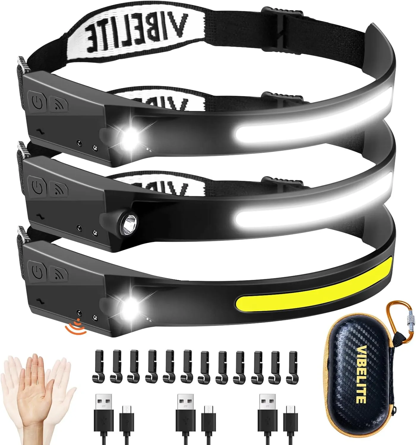 VIBELITE 3PCS Rechargeable Headlamp Flashlight, 230Wide Beam Headlight with Motion Sensor, 5Mode Headlamps for Forehead, Waterproof Head Light for Camping, Running, Hiking
