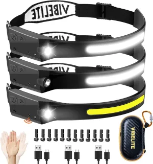 VIBELITE 3PCS Rechargeable Headlamp Flashlight, 230Wide Beam Headlight with Motion Sensor, 5Mode Headlamps for Forehead, Waterproof Head Light for Camping, Running, Hiking