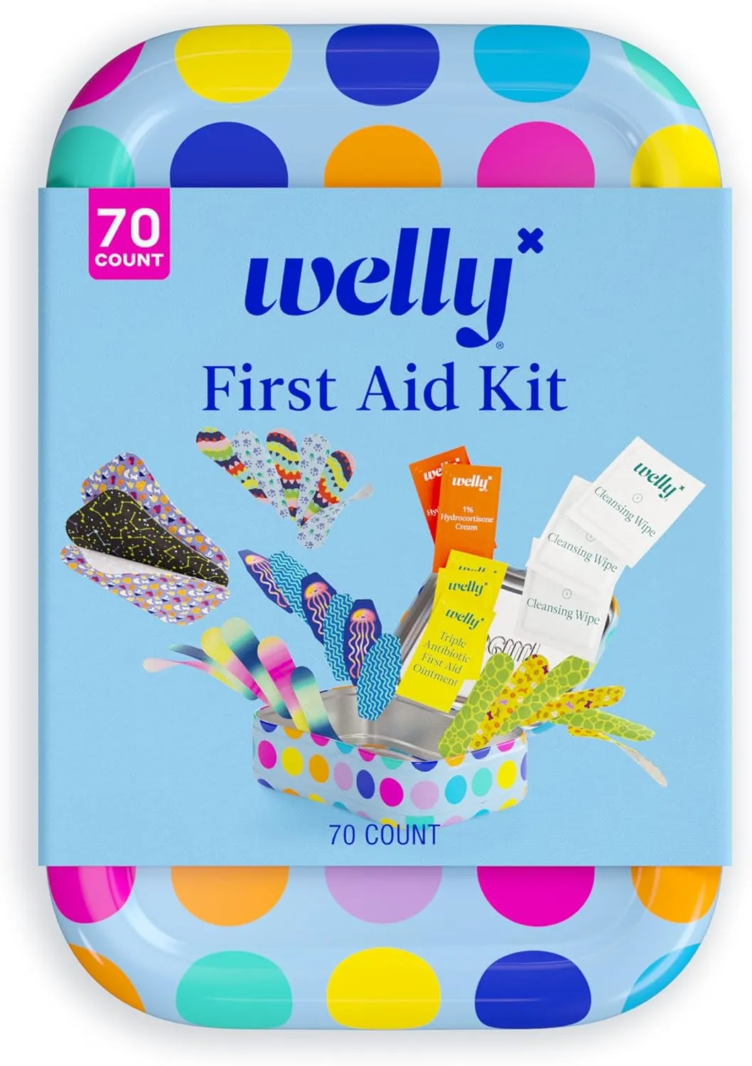 Welly First Aid Kit - Adhesive Bandages in Flexible Fabric and Waterproof, Singe Use Ointments (Triple Antibiotic, Cleansing Wipes and Hydrocortisone) - 70 Count