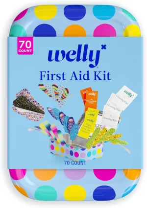 Welly First Aid Kit - Adhesive Bandages in Flexible Fabric and Waterproof, Singe Use Ointments (Triple Antibiotic, Cleansing Wipes and Hydrocortisone) - 70 Count